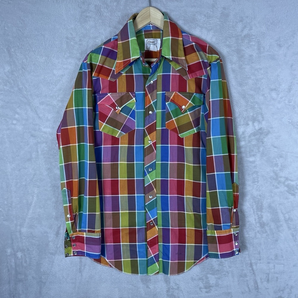 VTG H Bar C Western Pearl Snap Shirt Men's 15.5-34 Plaid Ranchwear USA Colorful